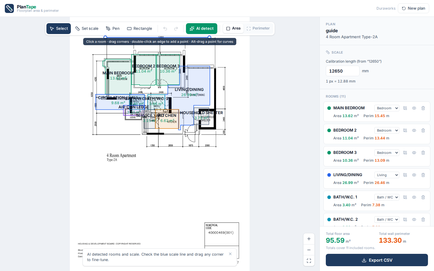Detection result with coloured room overlays